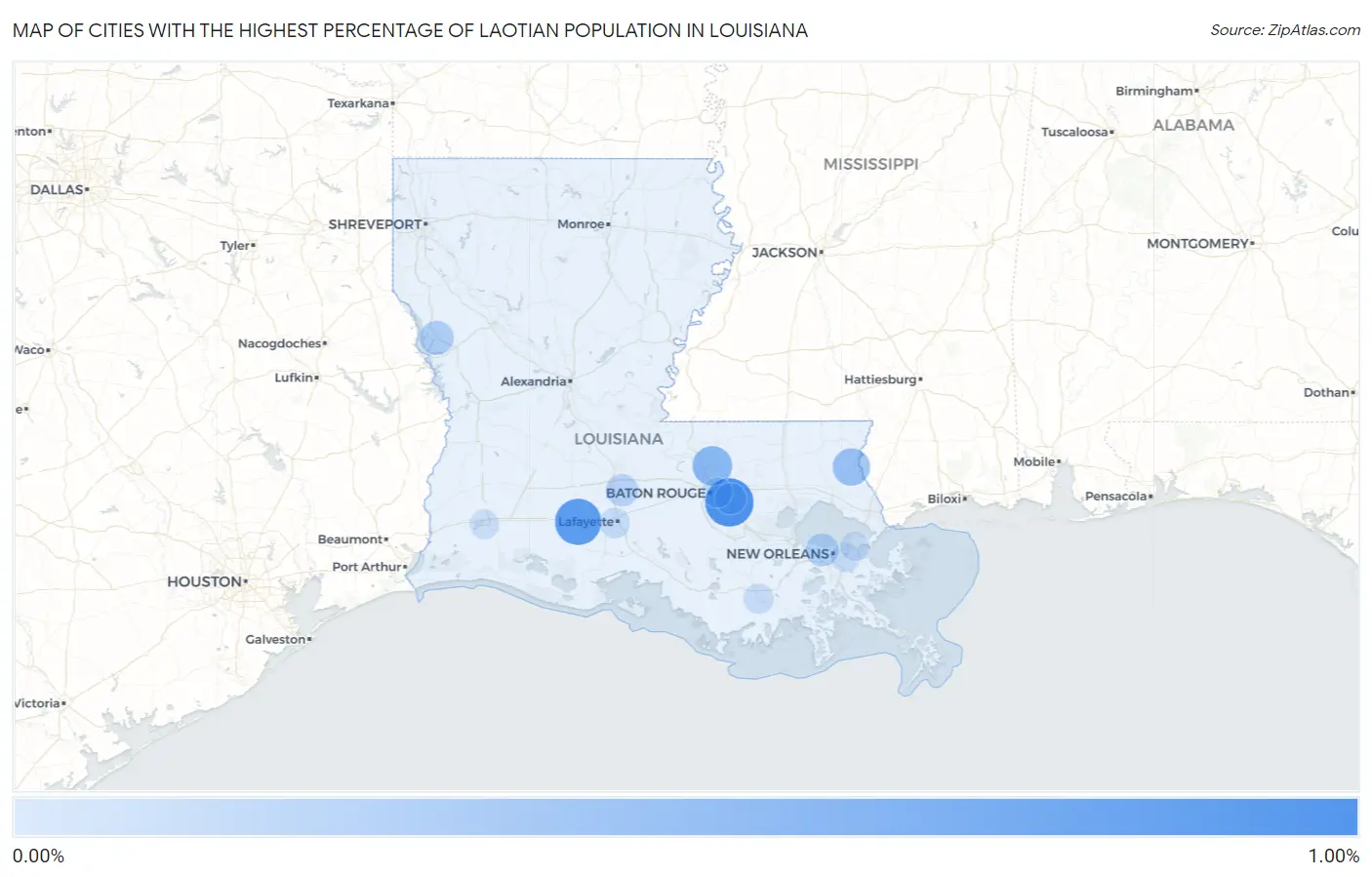 Cities with the Highest Percentage of Laotian Population in Louisiana Map