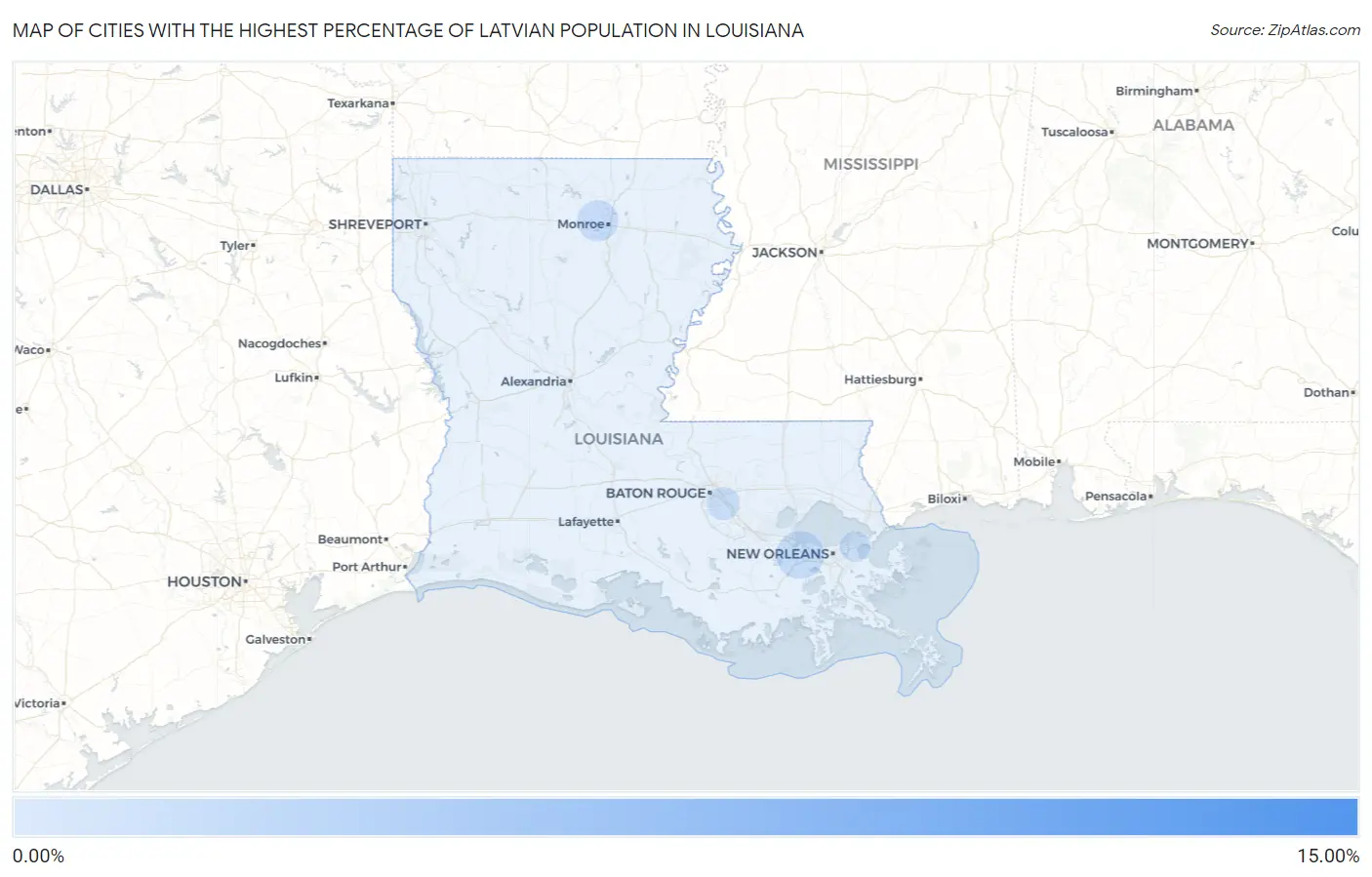 Cities with the Highest Percentage of Latvian Population in Louisiana Map