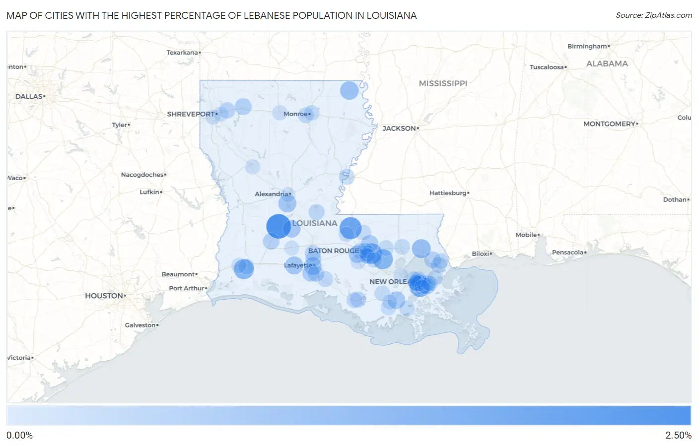 Cities with the Highest Percentage of Lebanese Population in Louisiana Map