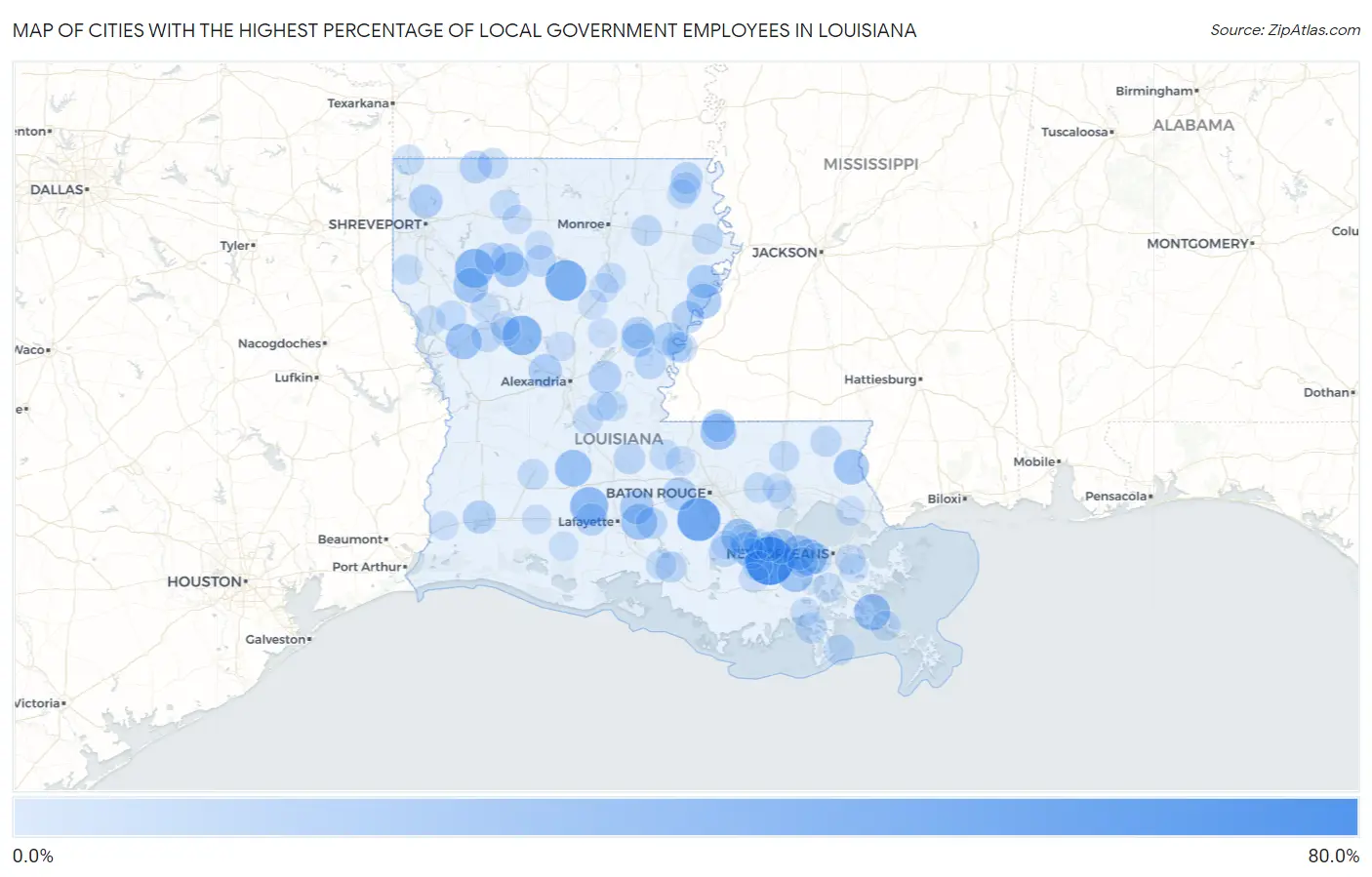 Cities with the Highest Percentage of Local Government Employees in Louisiana Map