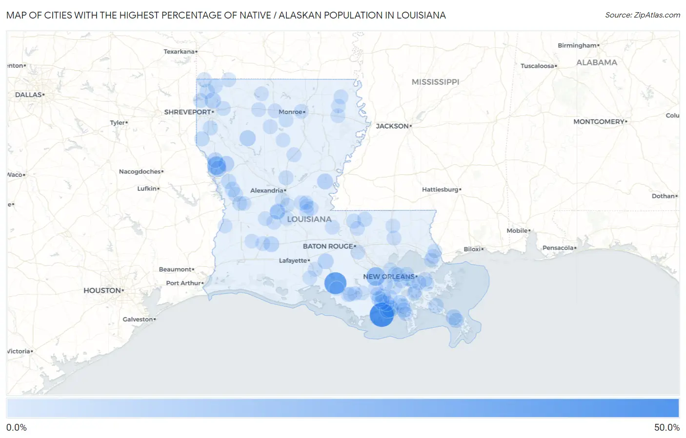 Cities with the Highest Percentage of Native / Alaskan Population in Louisiana Map
