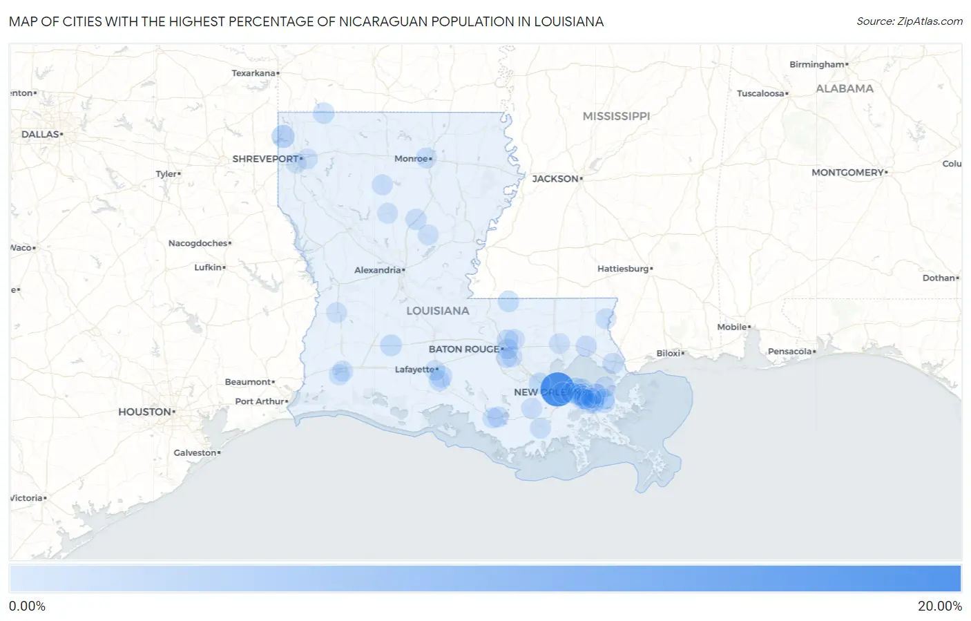 Cities with the Highest Percentage of Nicaraguan Population in Louisiana Map