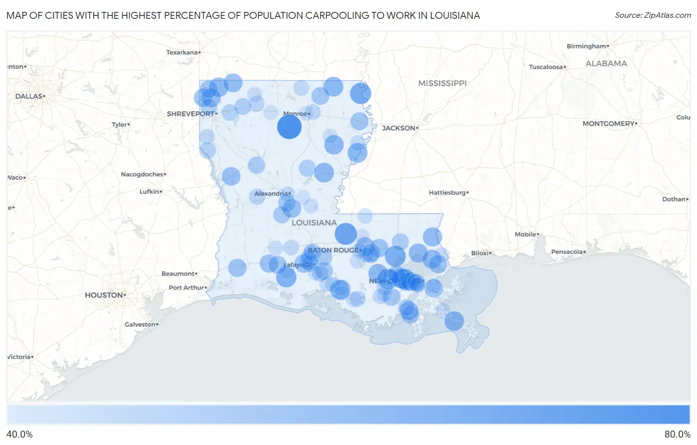 Cities with the Highest Percentage of Population Carpooling to Work in Louisiana Map