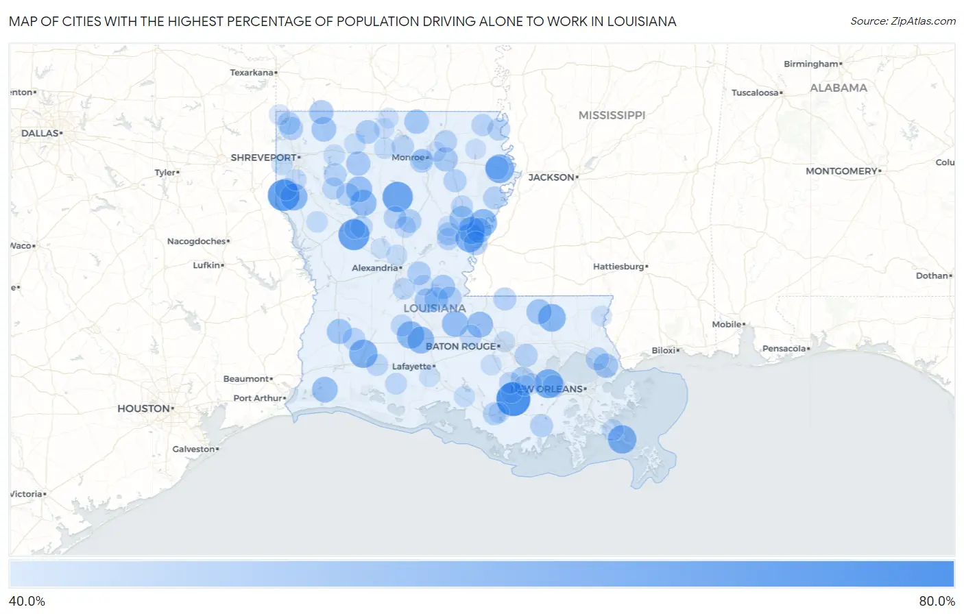 Cities with the Highest Percentage of Population Driving Alone to Work in Louisiana Map