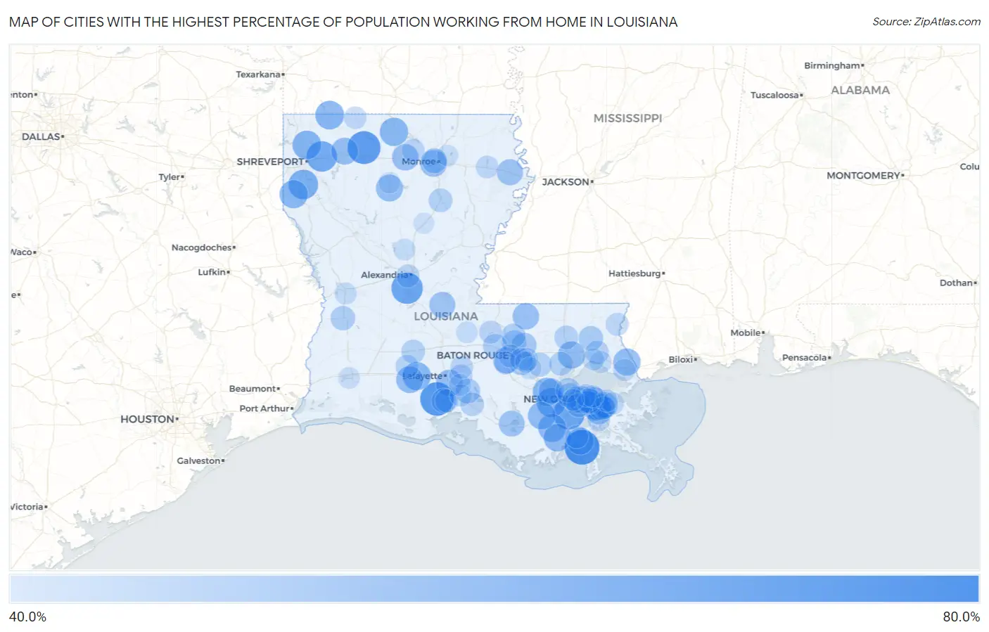 Cities with the Highest Percentage of Population Working from Home in Louisiana Map