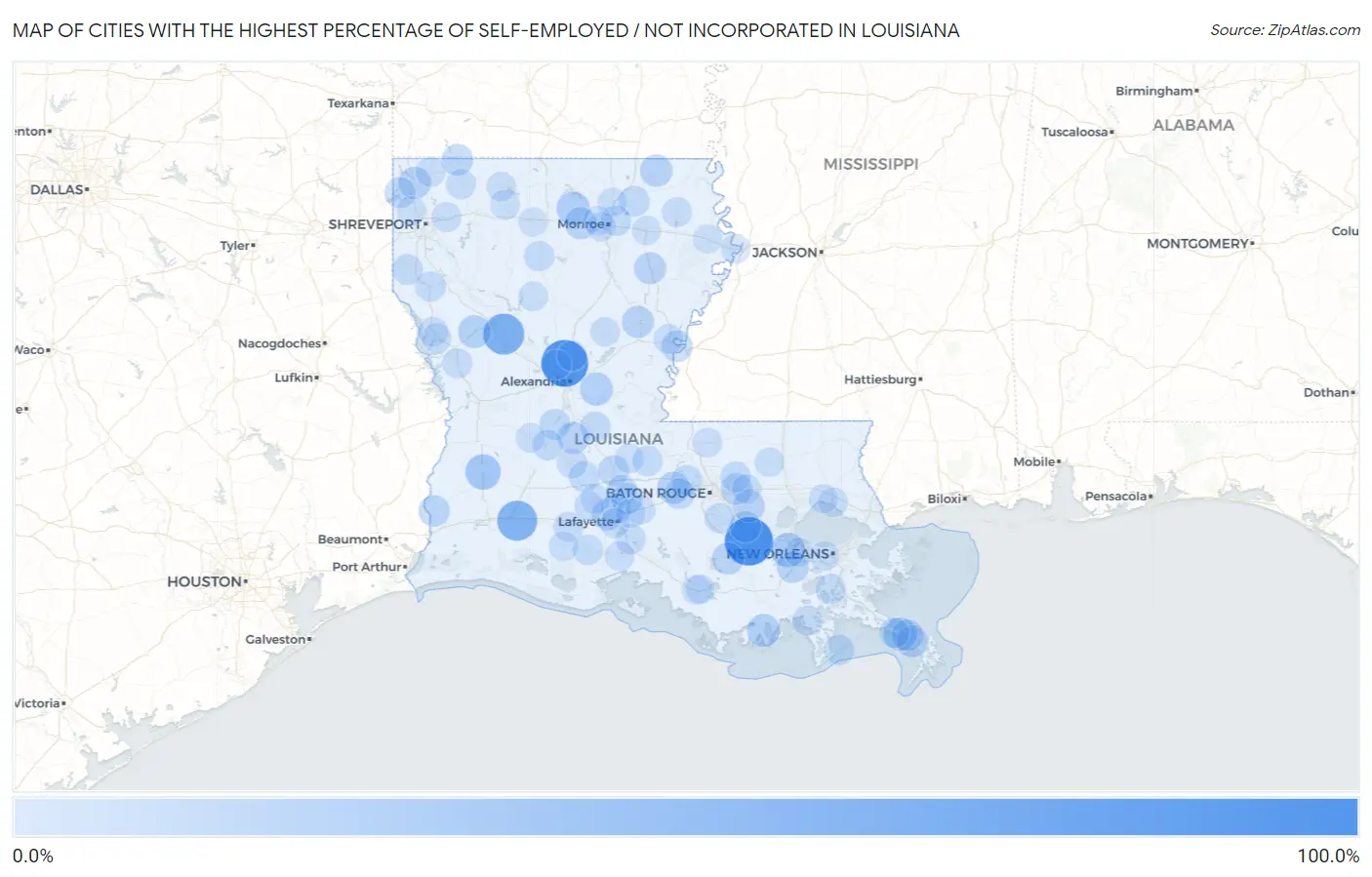 Cities with the Highest Percentage of Self-Employed / Not Incorporated in Louisiana Map