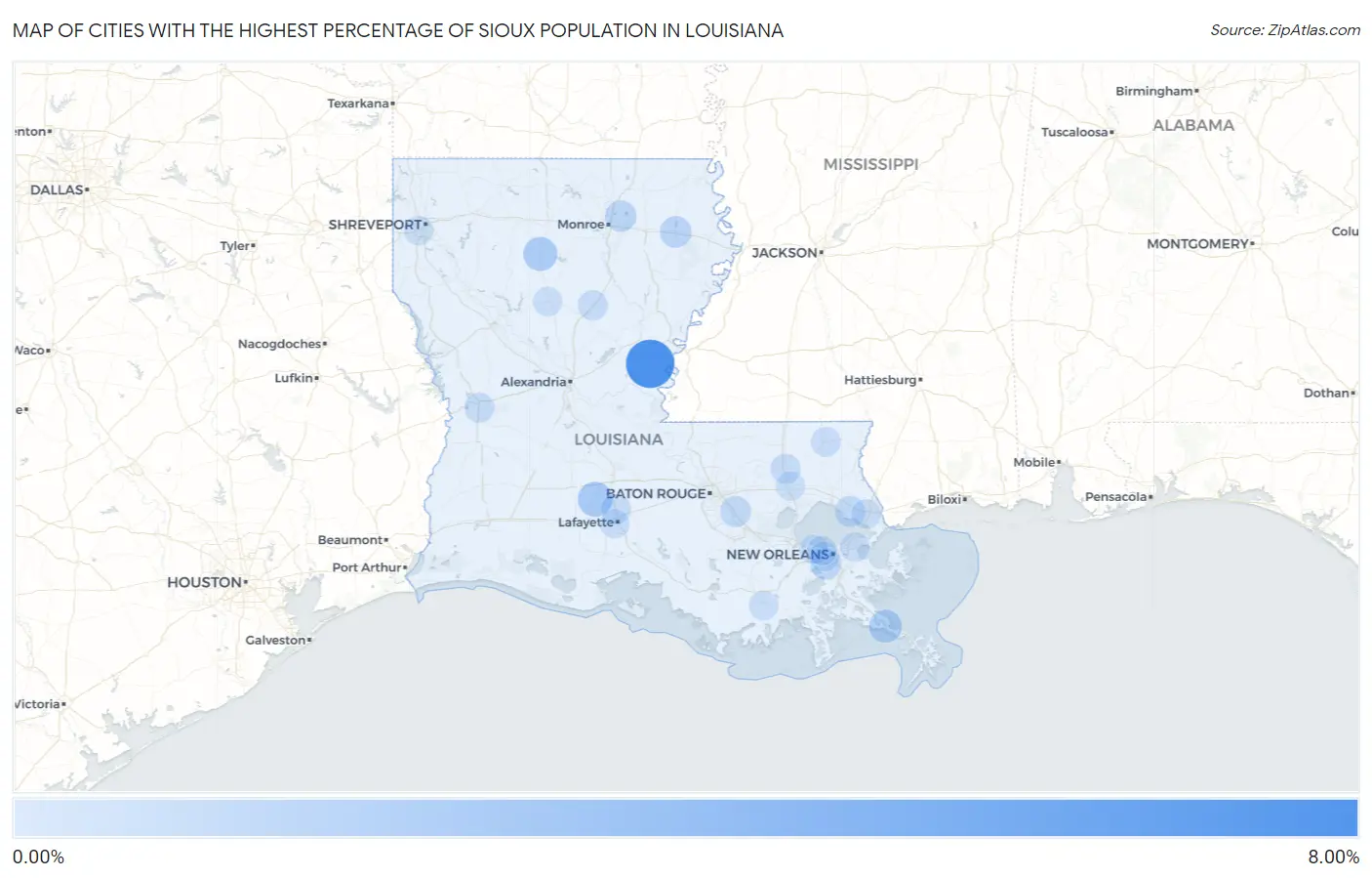 Cities with the Highest Percentage of Sioux Population in Louisiana Map