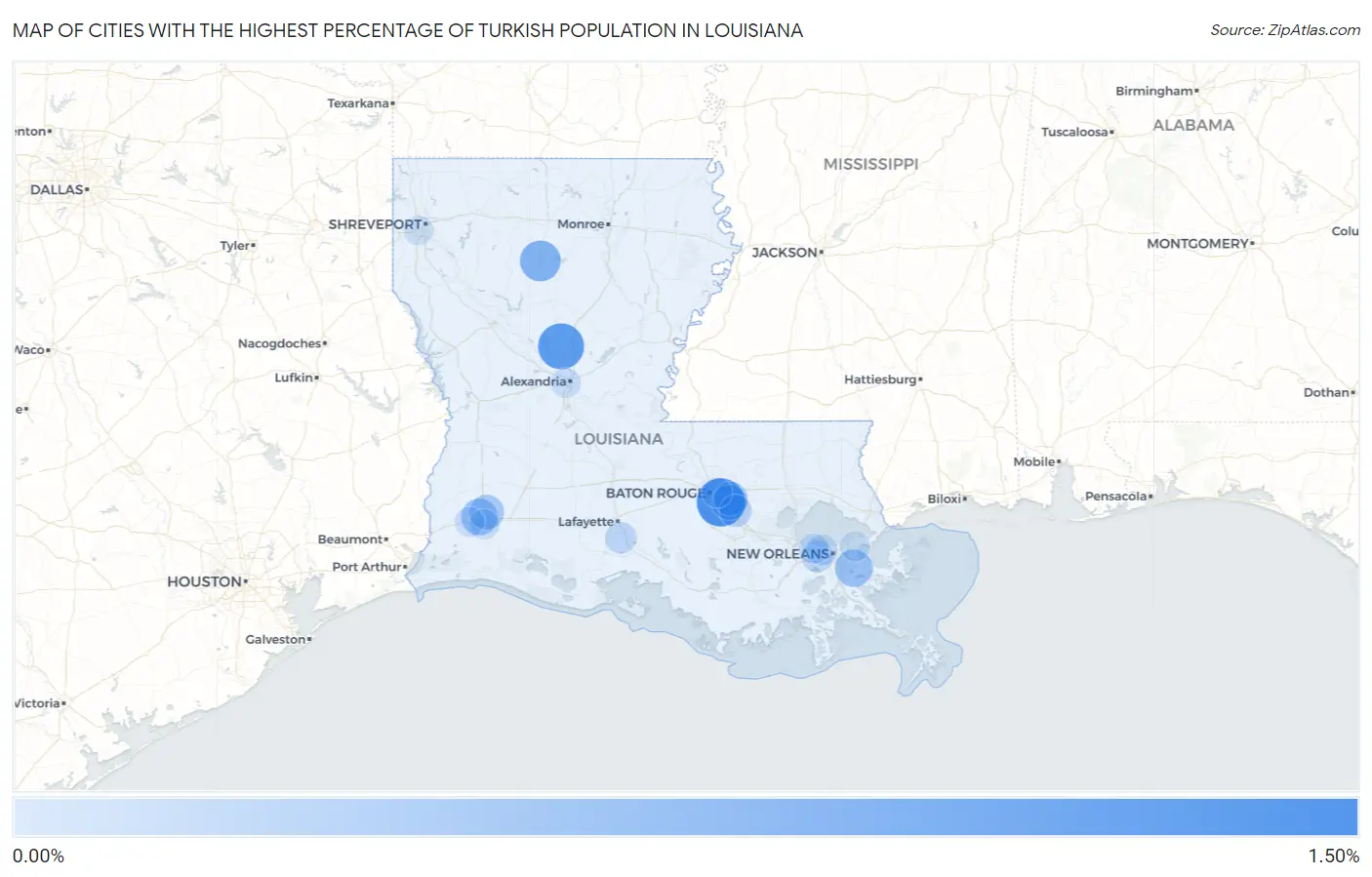 Cities with the Highest Percentage of Turkish Population in Louisiana Map