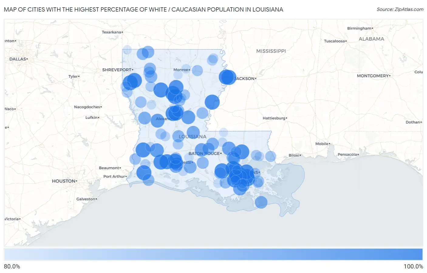 Cities with the Highest Percentage of White / Caucasian Population in Louisiana Map