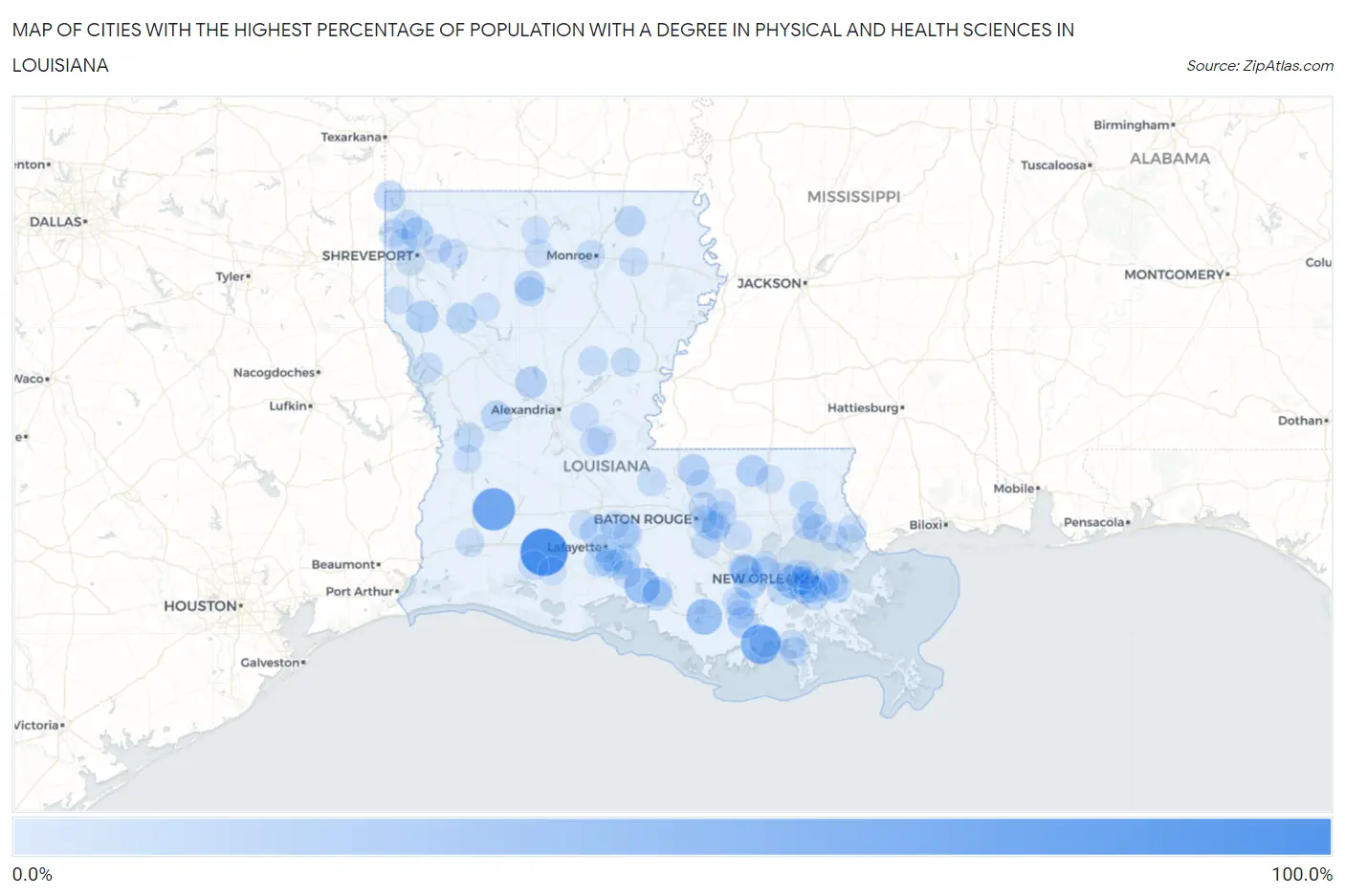 Cities with the Highest Percentage of Population with a Degree in Physical and Health Sciences in Louisiana Map