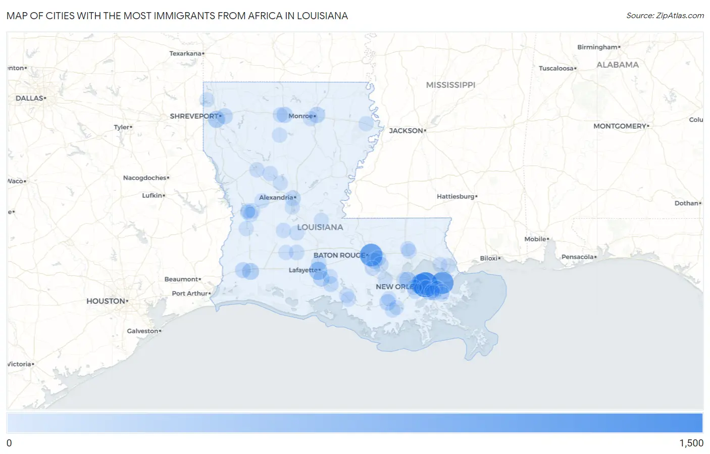 Cities with the Most Immigrants from Africa in Louisiana Map