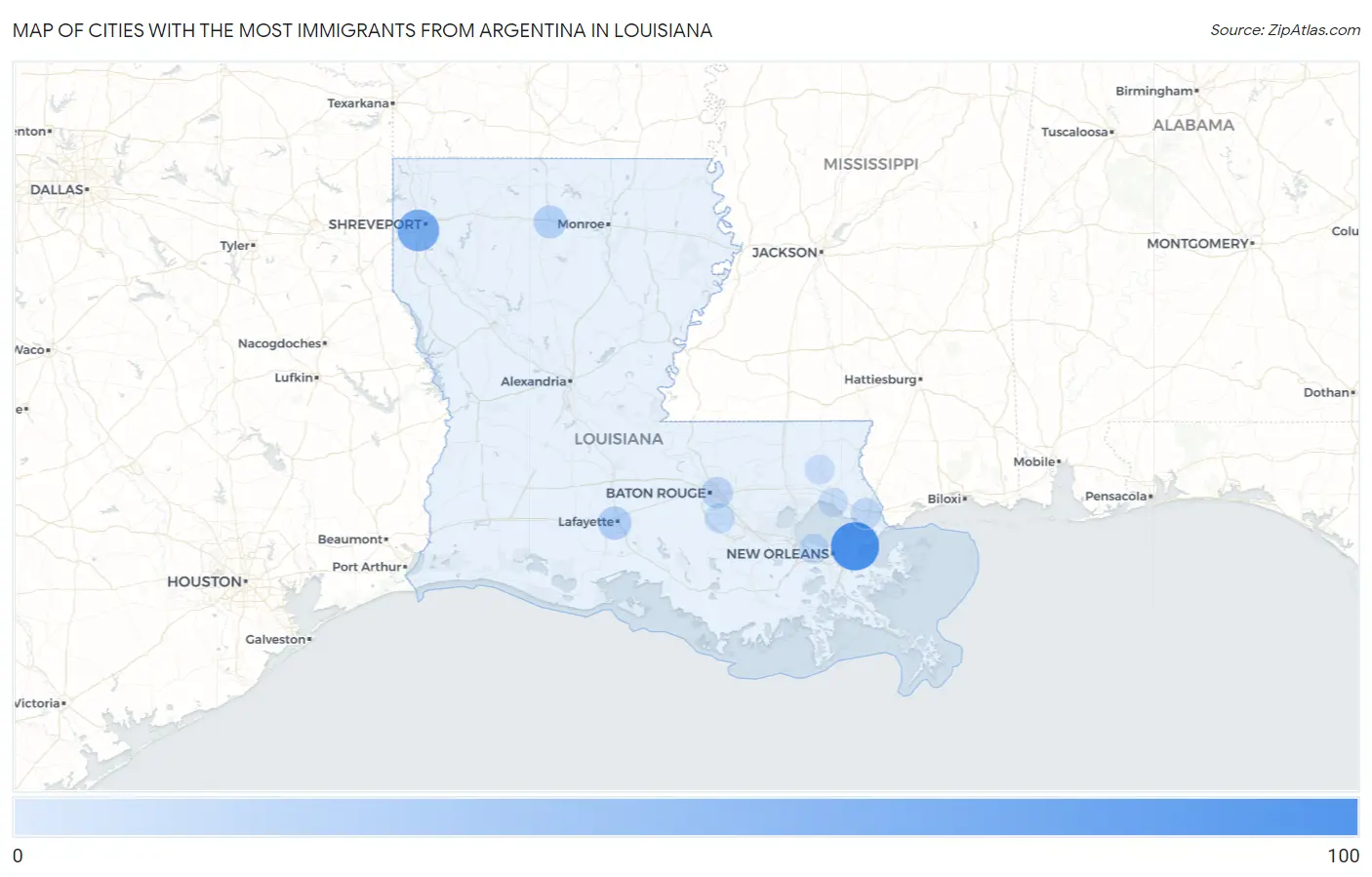 Cities with the Most Immigrants from Argentina in Louisiana Map