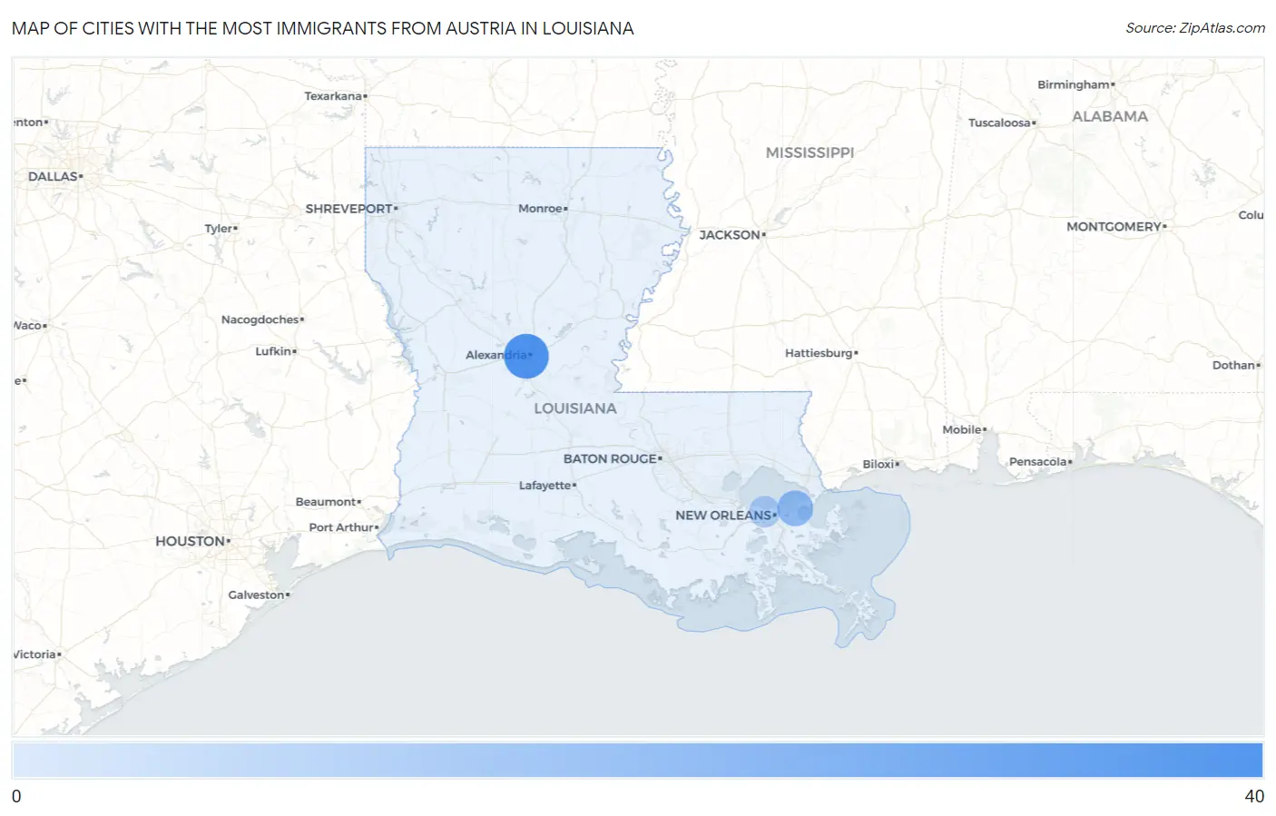 Cities with the Most Immigrants from Austria in Louisiana Map
