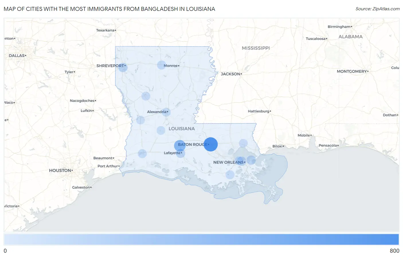 Cities with the Most Immigrants from Bangladesh in Louisiana Map