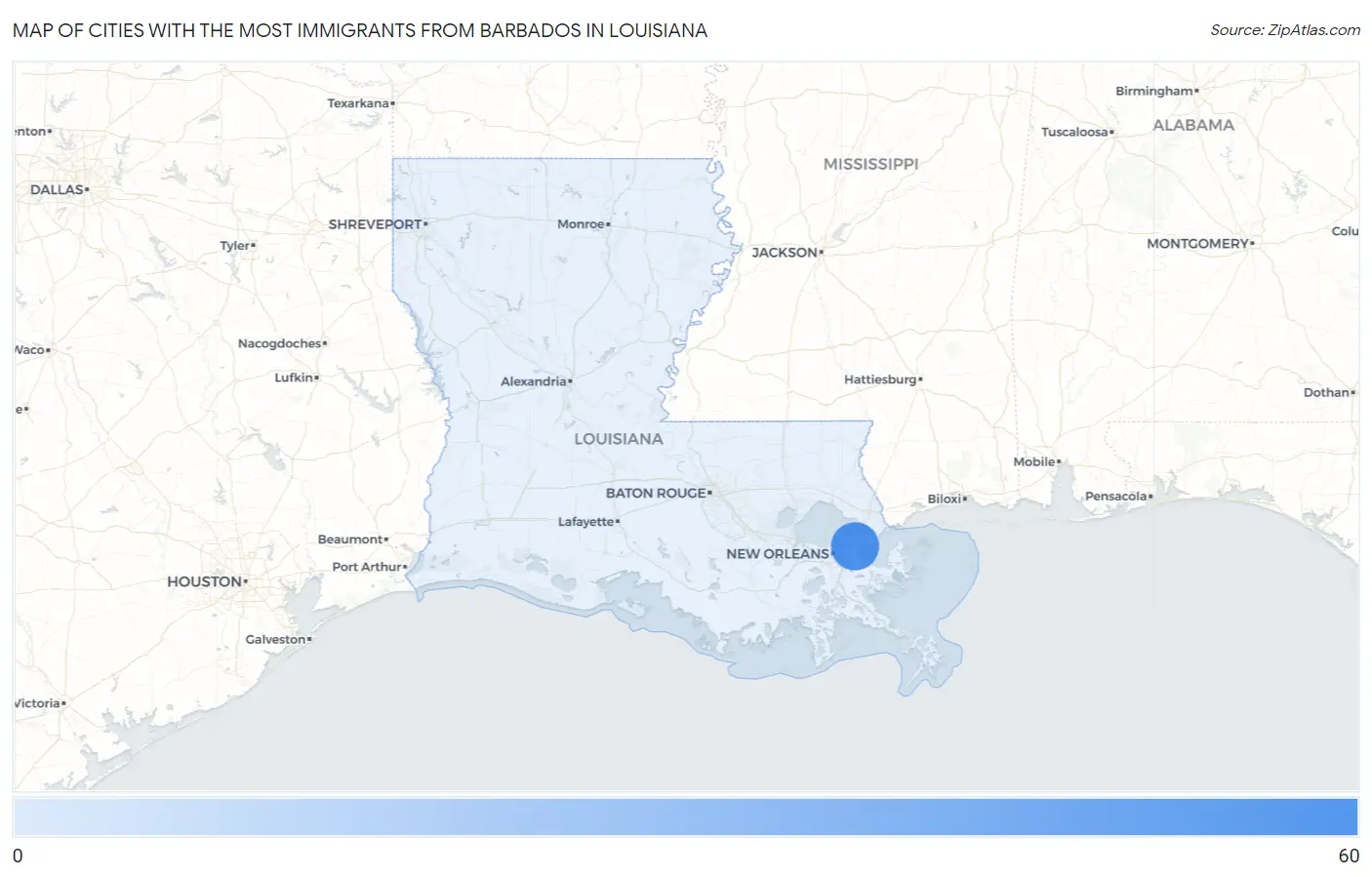 Cities with the Most Immigrants from Barbados in Louisiana Map
