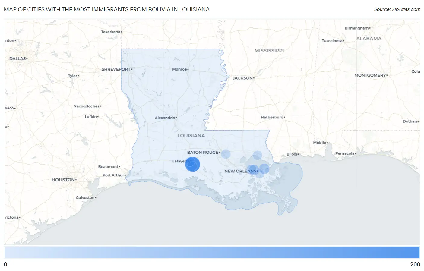 Cities with the Most Immigrants from Bolivia in Louisiana Map