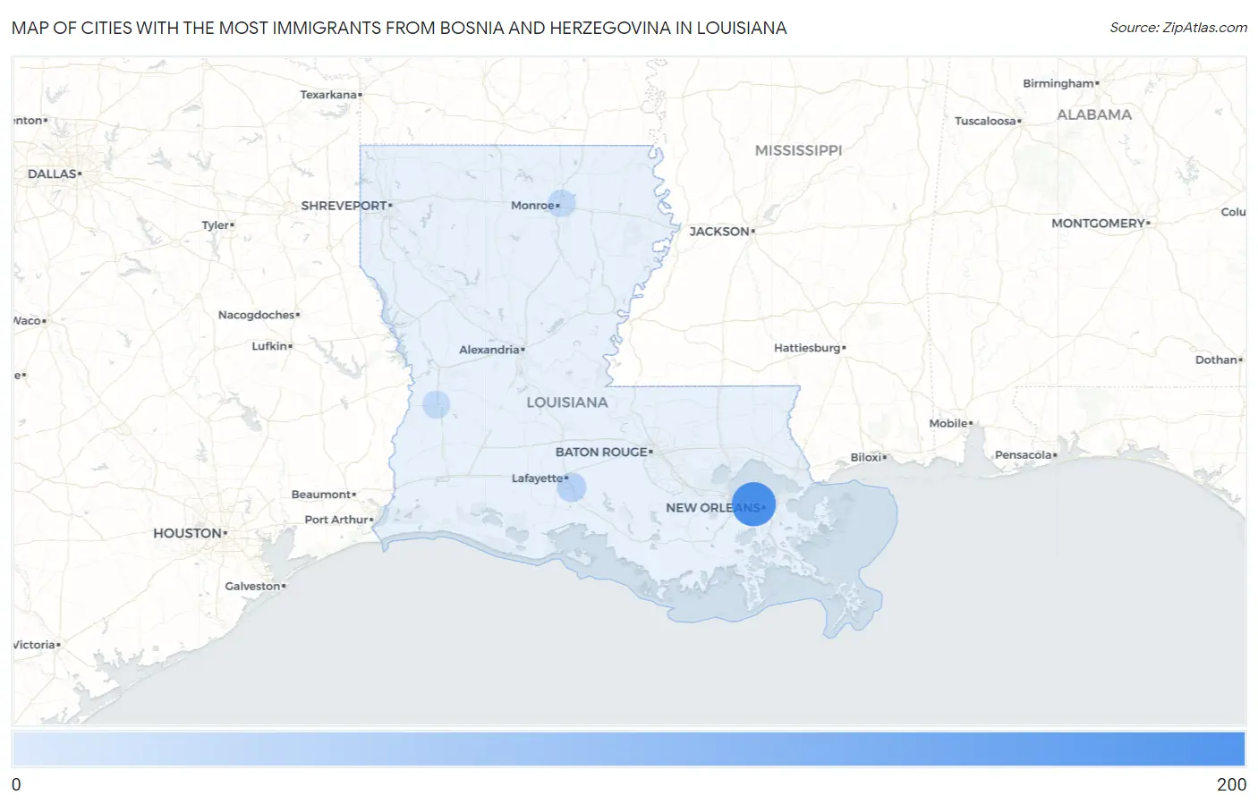 Cities with the Most Immigrants from Bosnia and Herzegovina in Louisiana Map