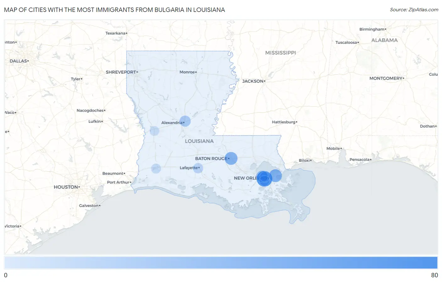 Cities with the Most Immigrants from Bulgaria in Louisiana Map