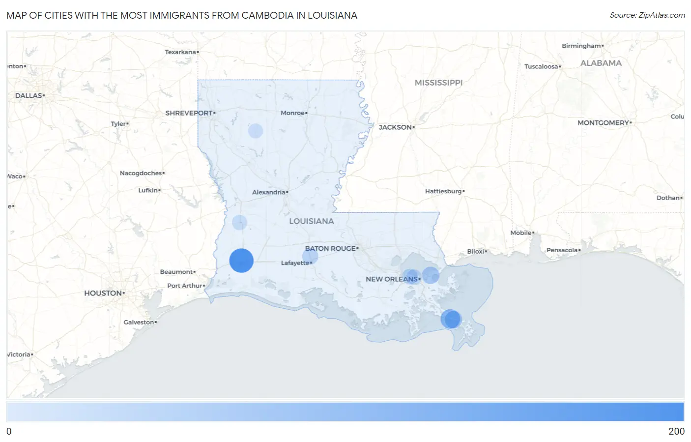 Cities with the Most Immigrants from Cambodia in Louisiana Map