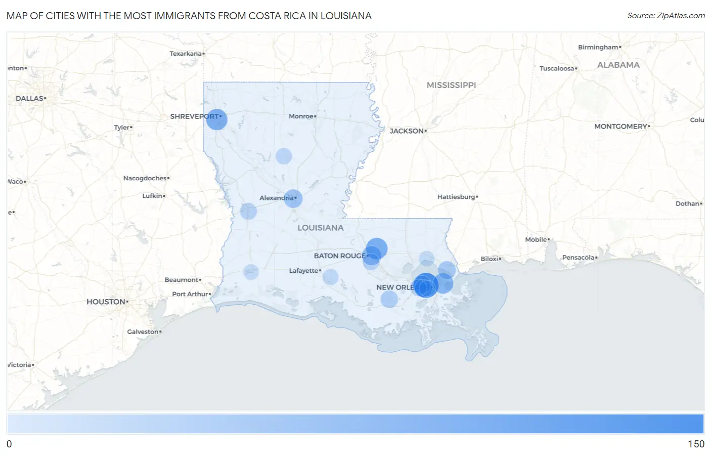 Cities with the Most Immigrants from Costa Rica in Louisiana Map
