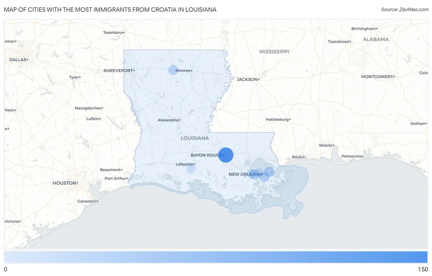 Cities with the Most Immigrants from Croatia in Louisiana Map