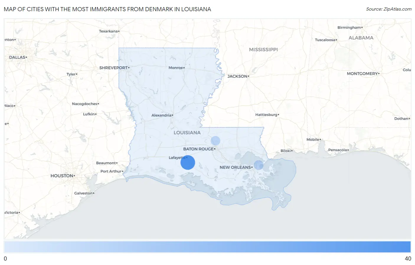 Cities with the Most Immigrants from Denmark in Louisiana Map
