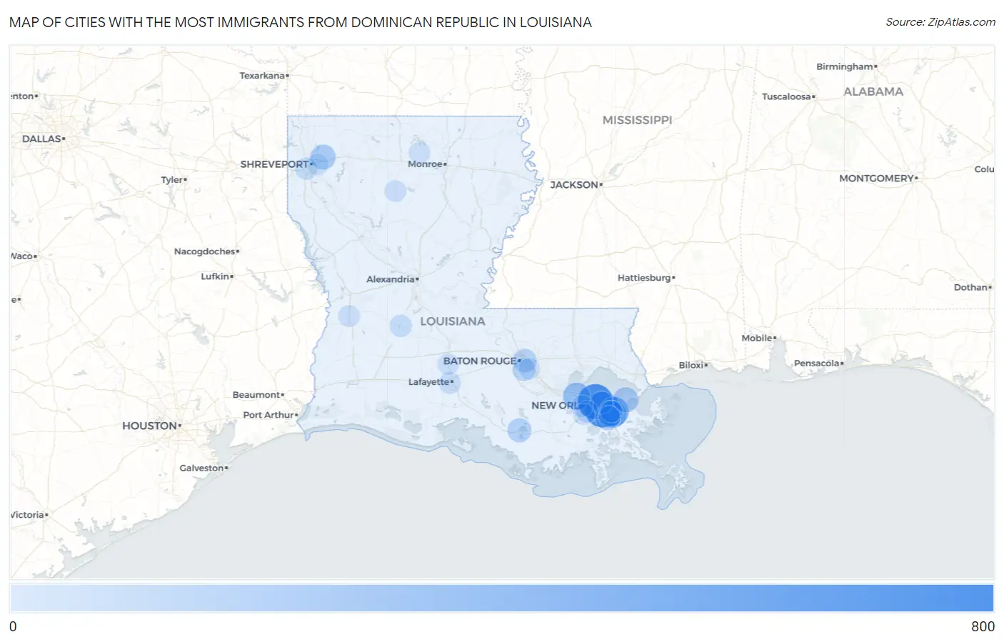 Cities with the Most Immigrants from Dominican Republic in Louisiana Map