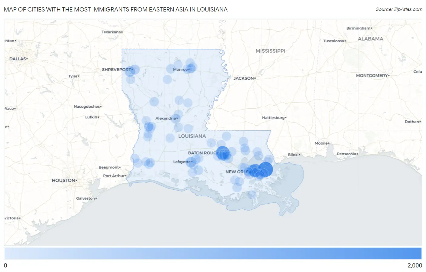 Cities with the Most Immigrants from Eastern Asia in Louisiana Map