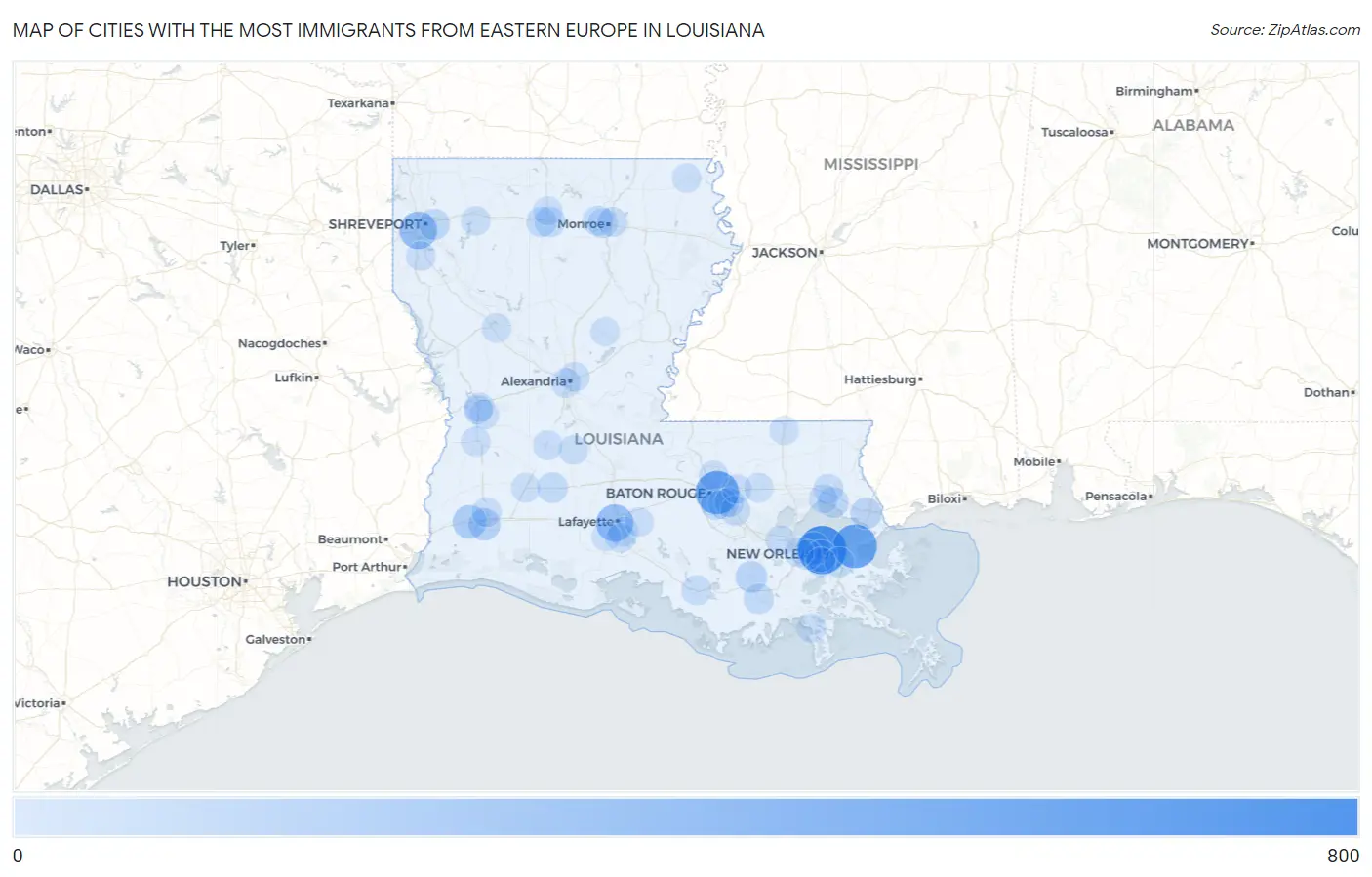 Cities with the Most Immigrants from Eastern Europe in Louisiana Map