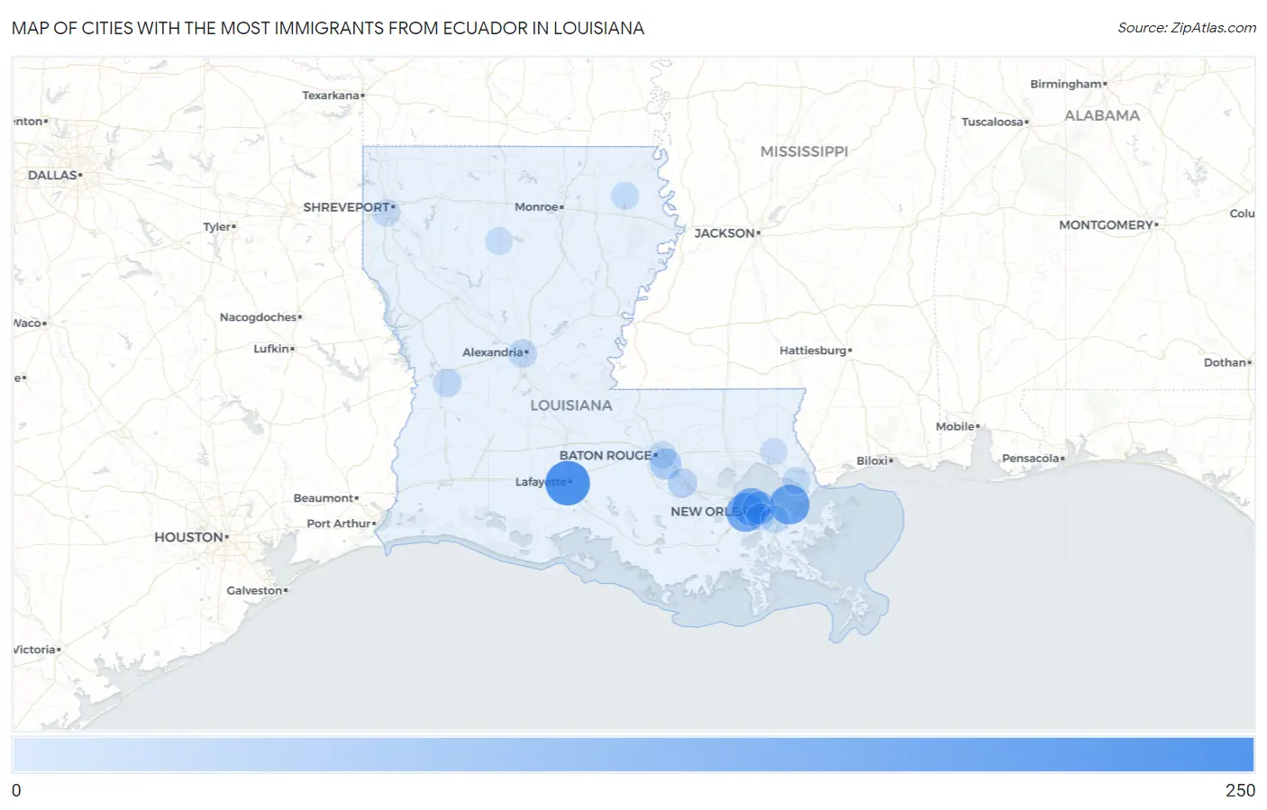 Cities with the Most Immigrants from Ecuador in Louisiana Map