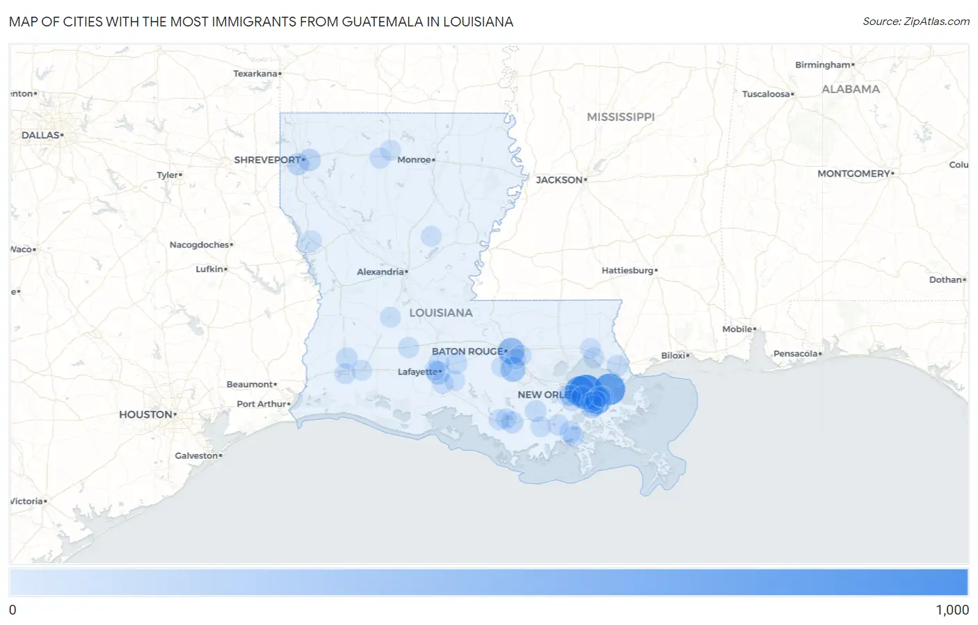 Cities with the Most Immigrants from Guatemala in Louisiana Map