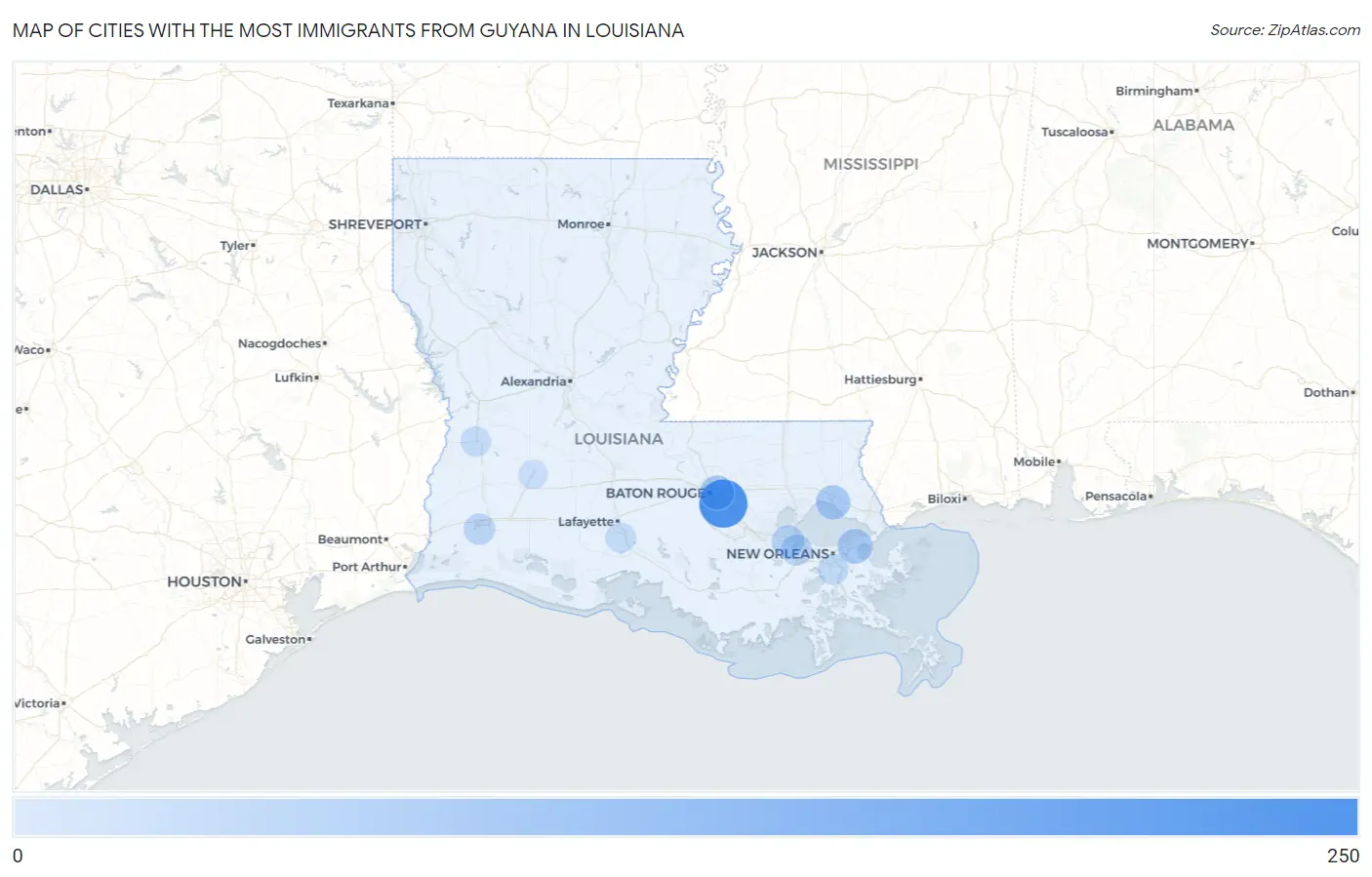 Cities with the Most Immigrants from Guyana in Louisiana Map