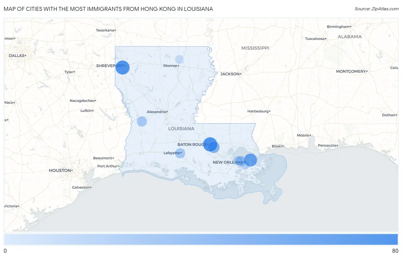 Cities with the Most Immigrants from Hong Kong in Louisiana Map
