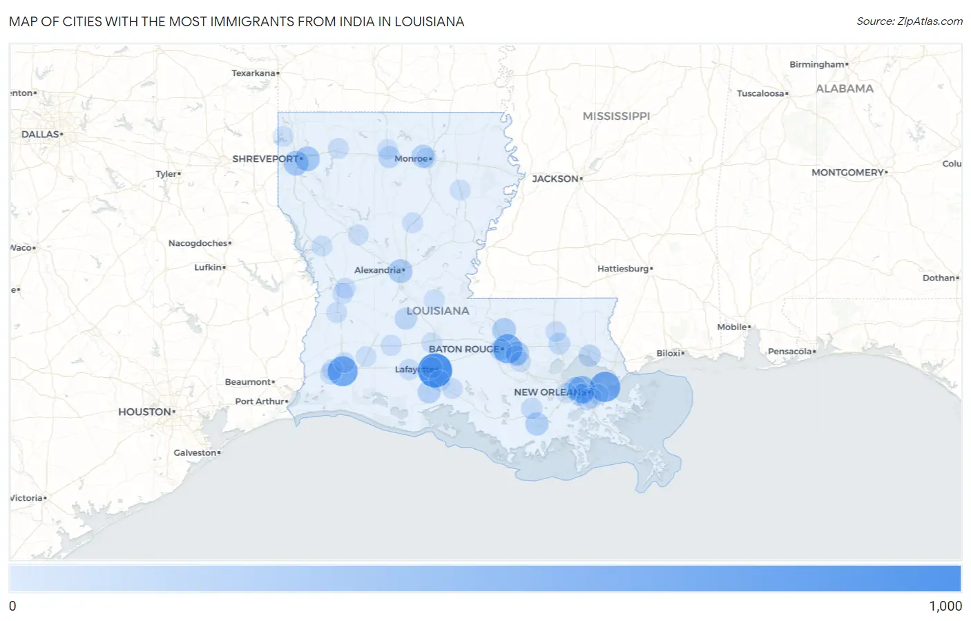 Cities with the Most Immigrants from India in Louisiana Map