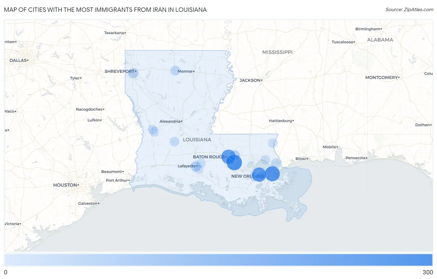 Cities with the Most Immigrants from Iran in Louisiana Map
