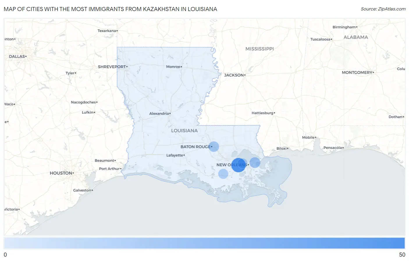Cities with the Most Immigrants from Kazakhstan in Louisiana Map