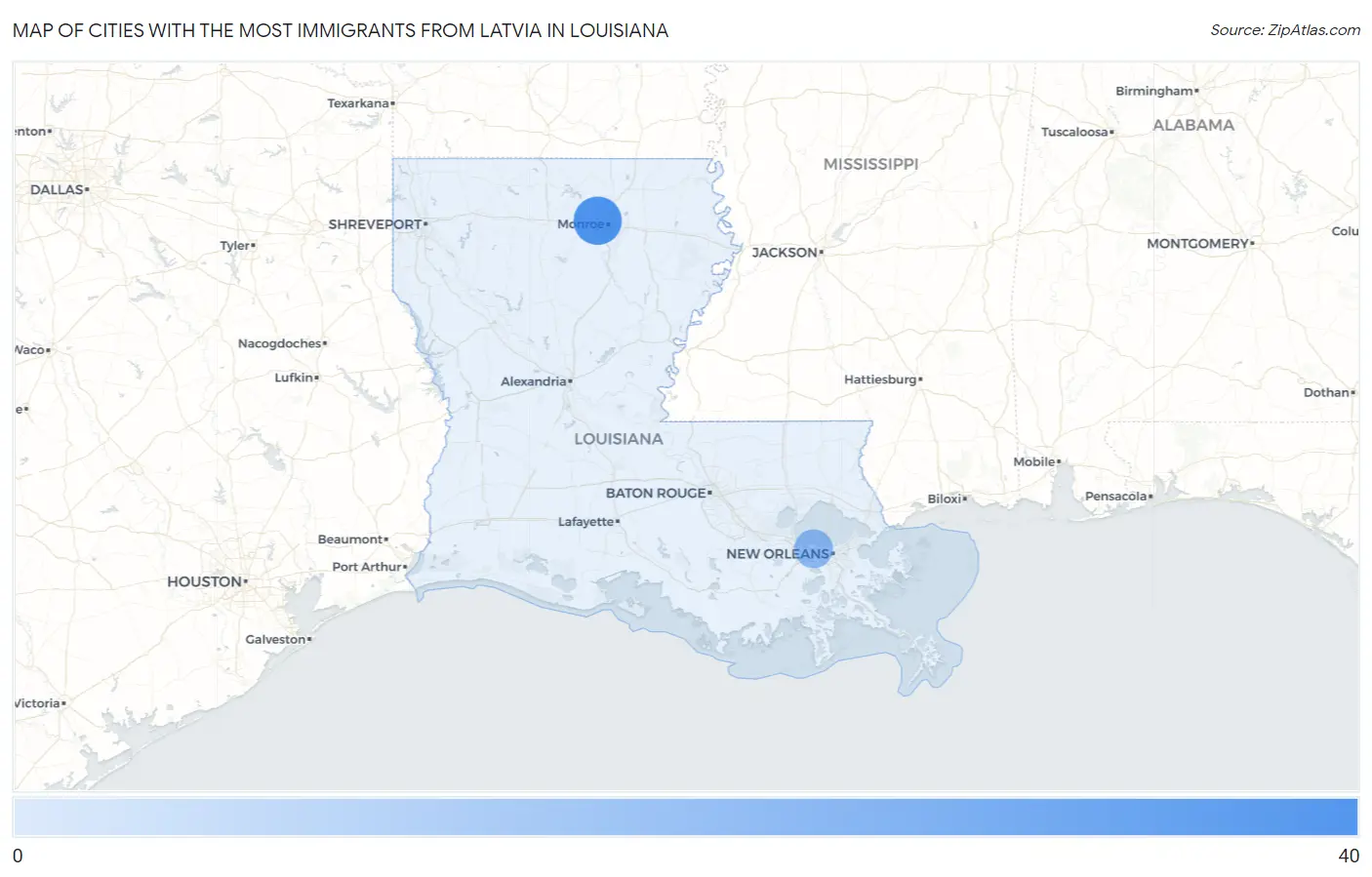 Cities with the Most Immigrants from Latvia in Louisiana Map