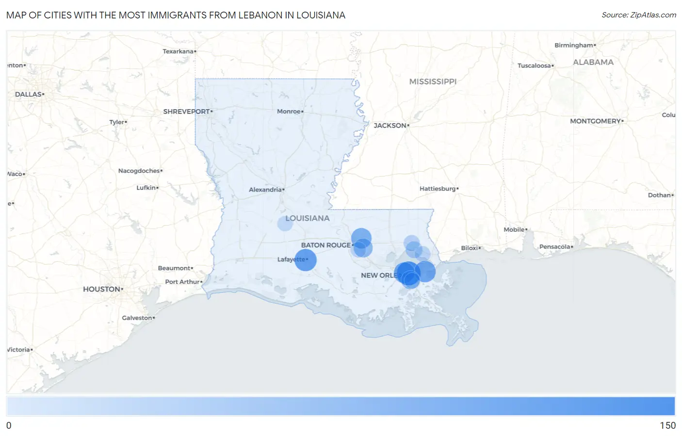 Cities with the Most Immigrants from Lebanon in Louisiana Map