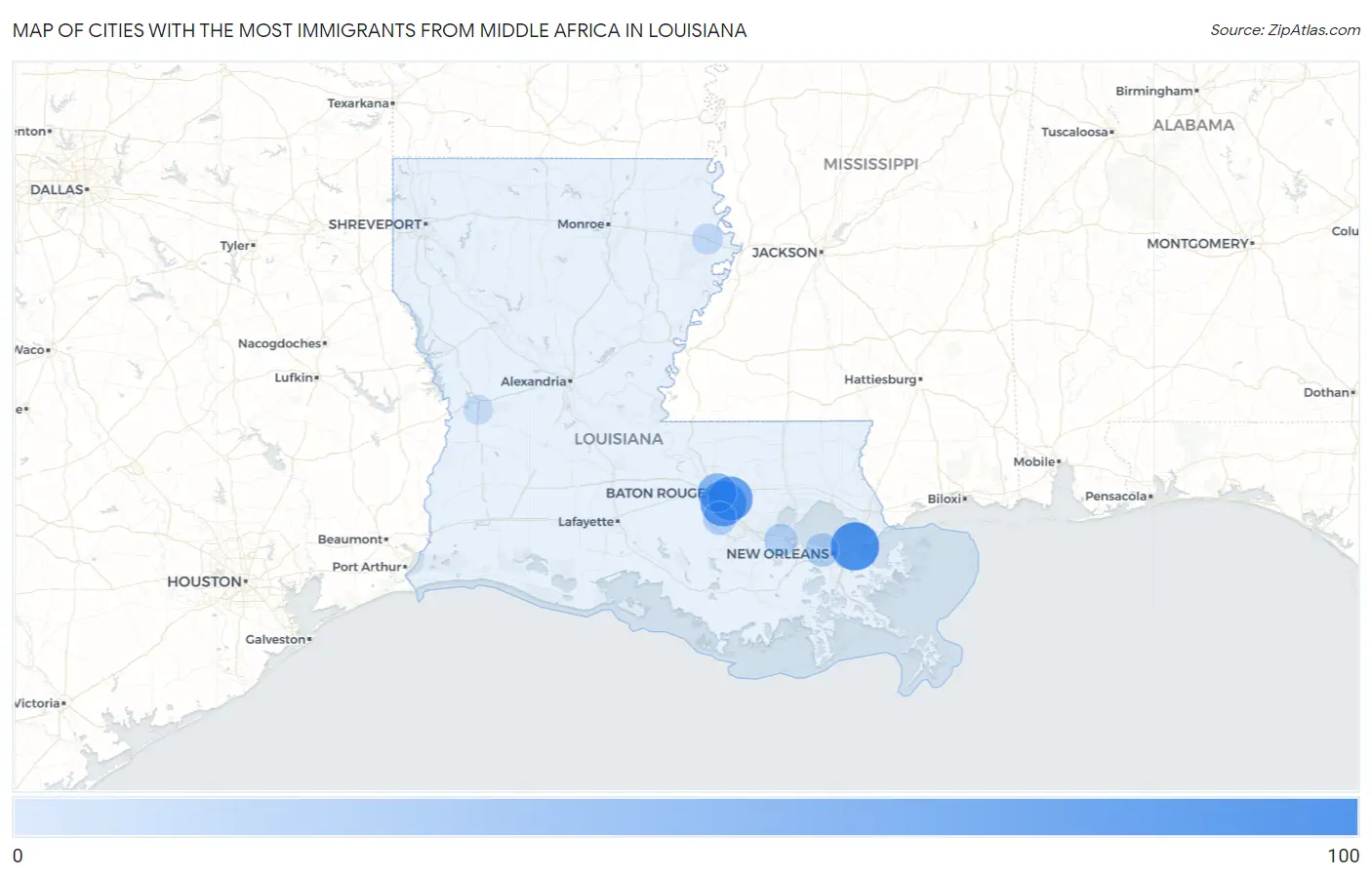 Cities with the Most Immigrants from Middle Africa in Louisiana Map
