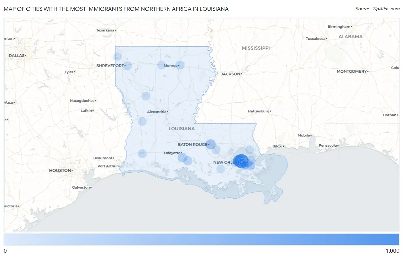Cities with the Most Immigrants from Northern Africa in Louisiana Map
