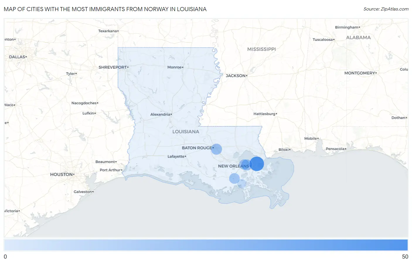 Cities with the Most Immigrants from Norway in Louisiana Map