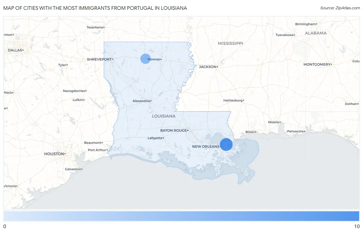 Cities with the Most Immigrants from Portugal in Louisiana Map