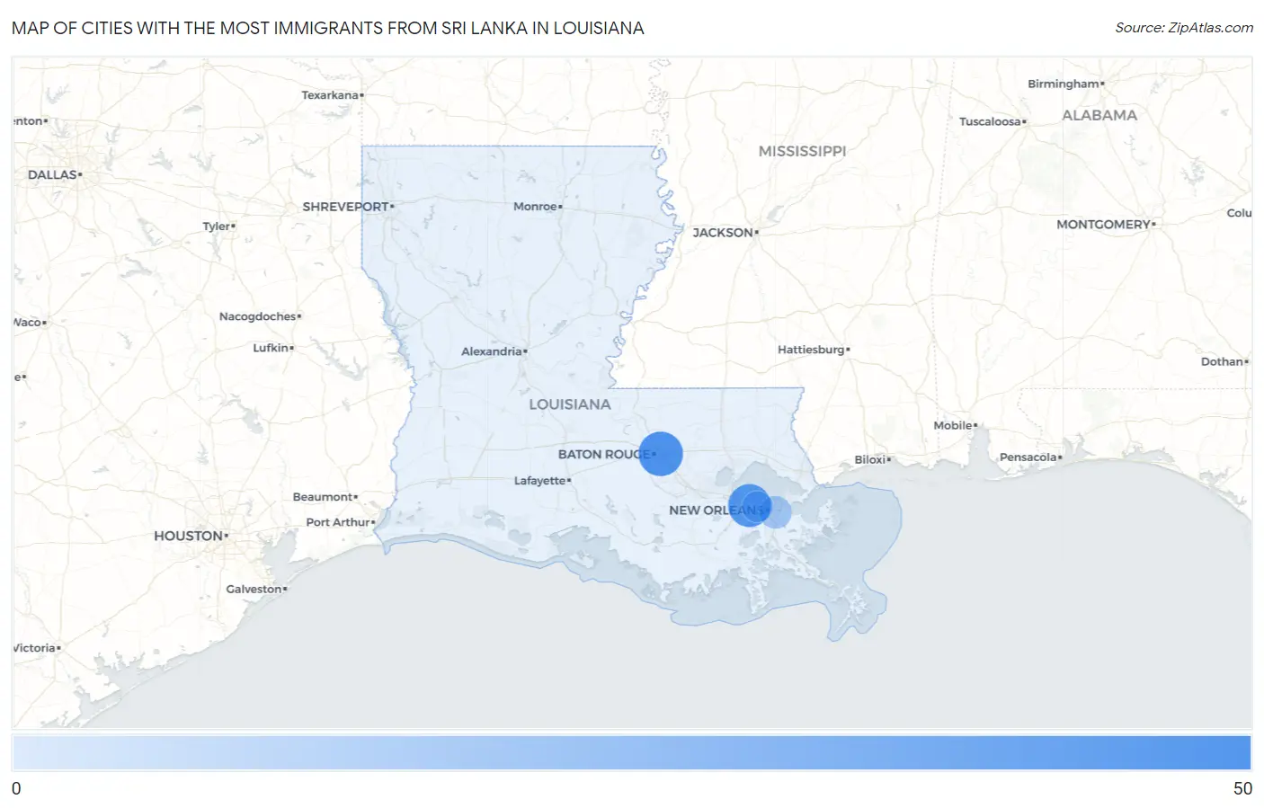 Cities with the Most Immigrants from Sri Lanka in Louisiana Map