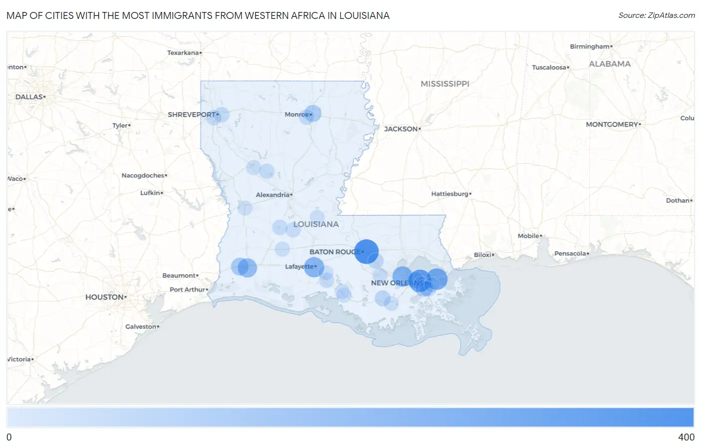 Cities with the Most Immigrants from Western Africa in Louisiana Map