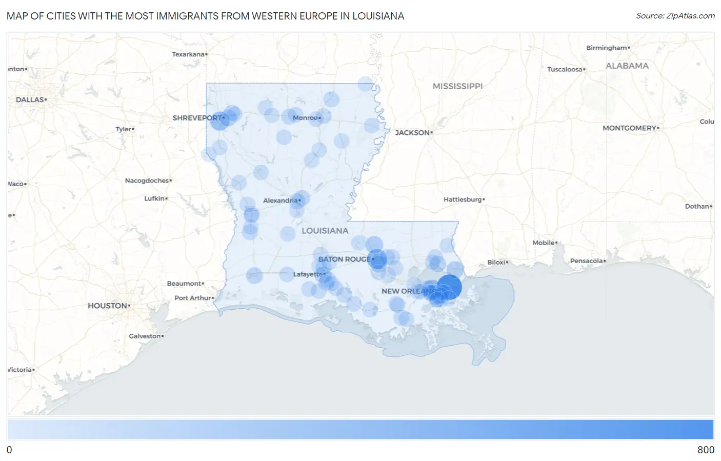 Cities with the Most Immigrants from Western Europe in Louisiana Map