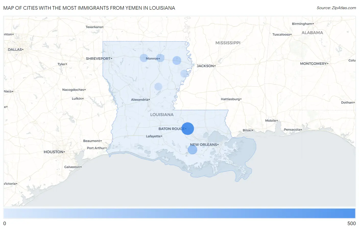 Cities with the Most Immigrants from Yemen in Louisiana Map