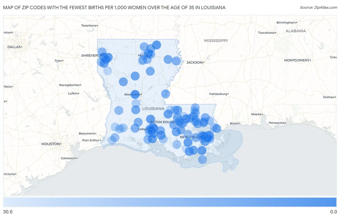 Zip Codes with the Fewest Births per 1,000 Women Over the Age of 35 in Louisiana Map