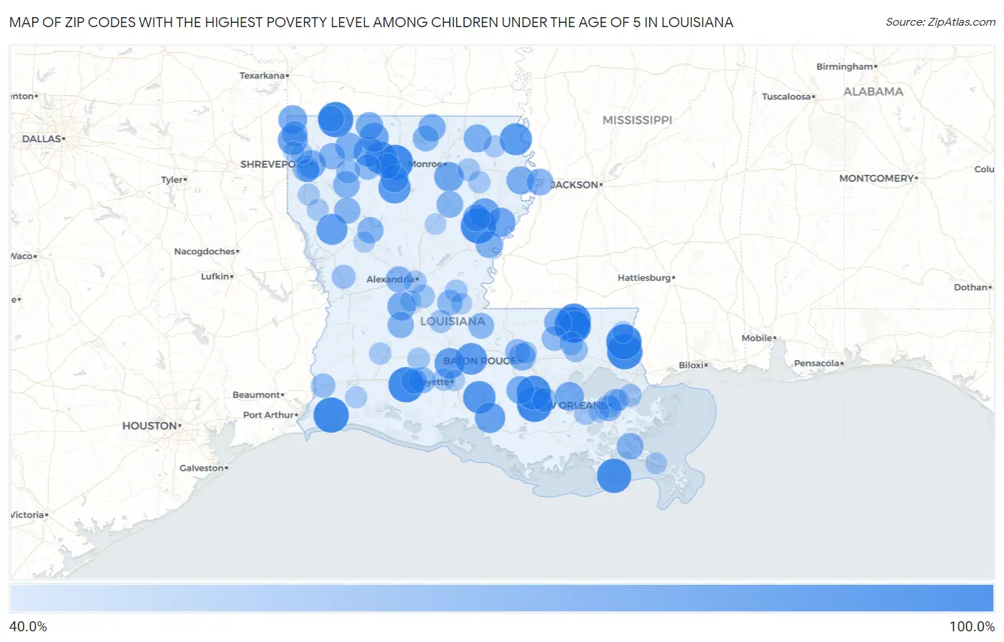 Zip Codes with the Highest Poverty Level Among Children Under the Age of 5 in Louisiana Map