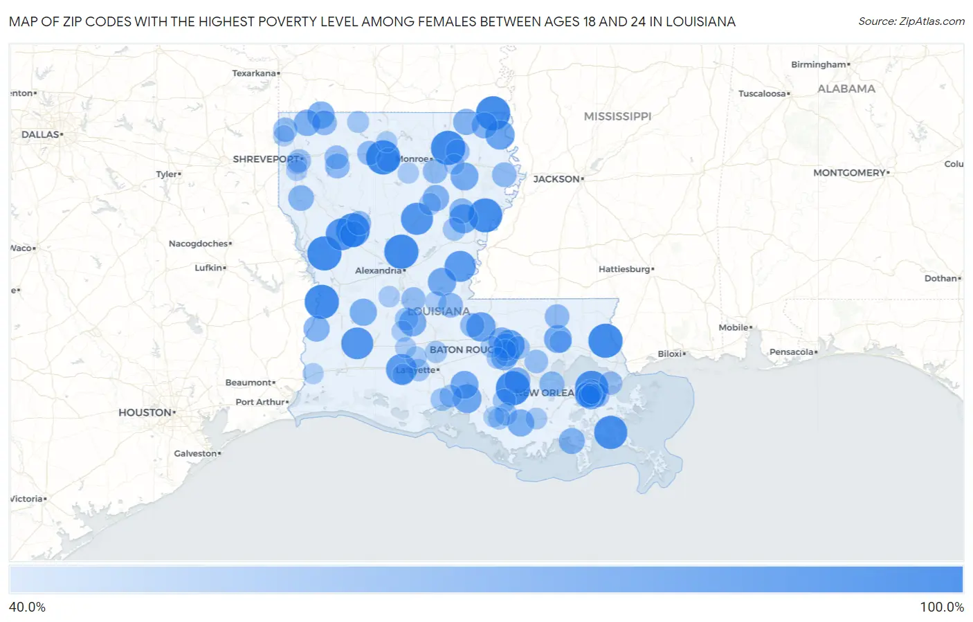 Zip Codes with the Highest Poverty Level Among Females Between Ages 18 and 24 in Louisiana Map