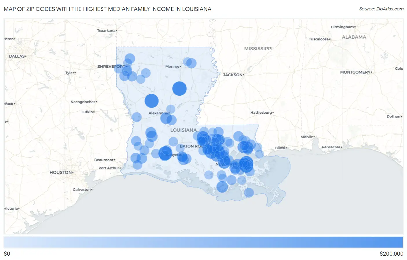 Zip Codes with the Highest Median Family Income in Louisiana Map